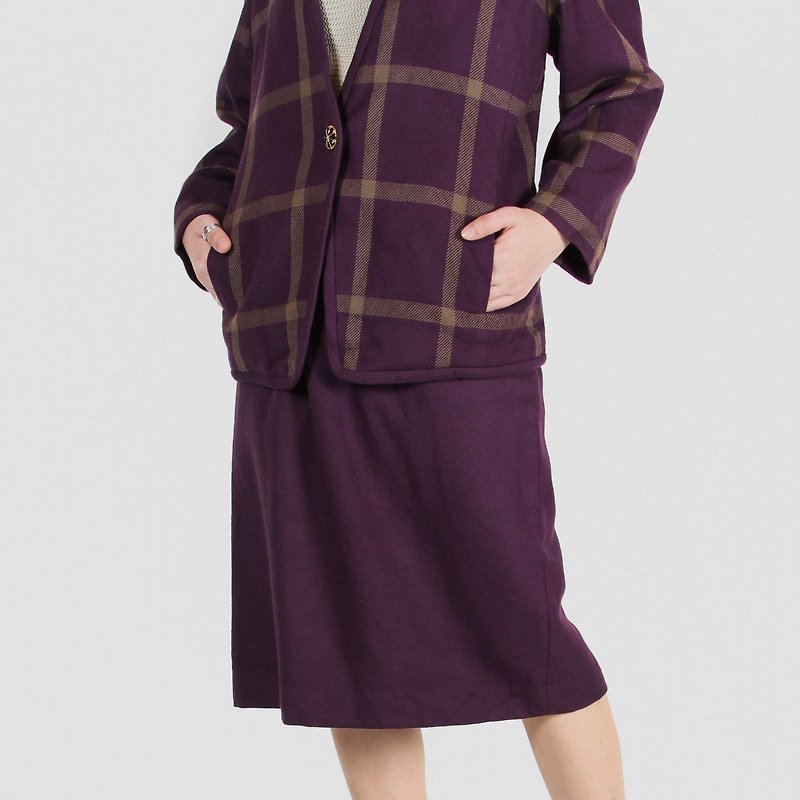 【蛋植物古着】葡萄氤氲格纹毛料裙式古着套装 - 女装休闲/机能外套 - 羊毛 紫色