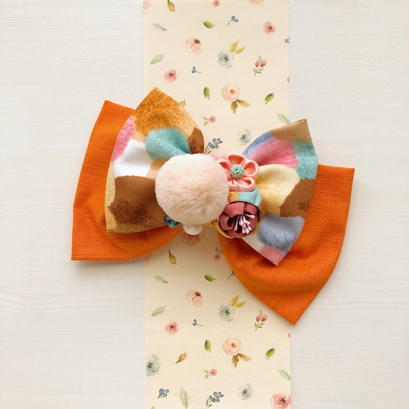 印花日式细工和风毛绒毛球蝴蝶结珠弹簧夹 - 发饰 - 棉．麻 橘色