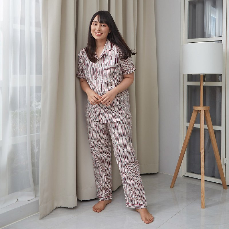 Cotton Pajamas short sleeve with Pants - 居家服/睡衣 - 棉．麻 红色
