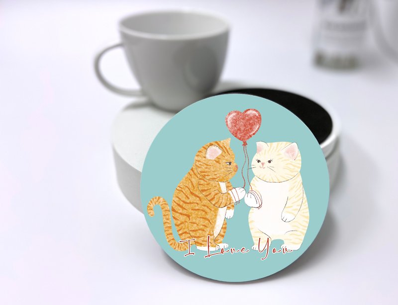 插画陶瓷吸水杯垫—情侣猫(蓝绿色) - 杯垫 - 瓷 
