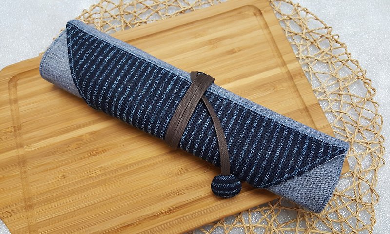 蓝条纹日本进口棉布~环保餐具套/餐具包(4格式) - 筷子/筷架 - 棉．麻 多色