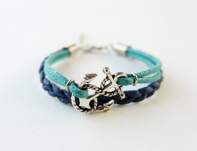 Silver anchor bracelet / navy blue and mint - 手链/手环 - 纸 绿色