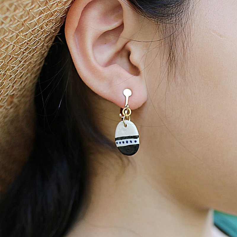 oval earring /  Tribal pattern 01 - 耳环/耳夹 - 陶 