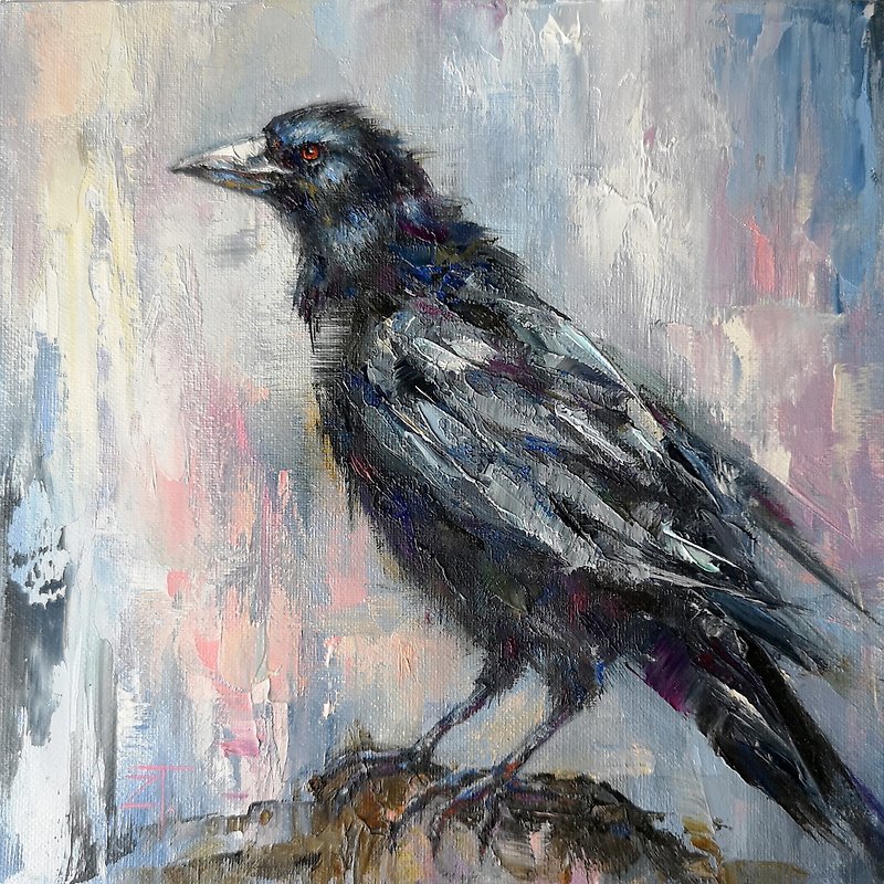 Crow Oil Painting Original Wall Art on canvas panel 25x25cm. - 海报/装饰画/版画 - 其他材质 