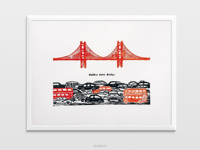 纸 海报/装饰画/版画 红色 - 金门大桥油毡版画红色和黑色汽车原创艺术品