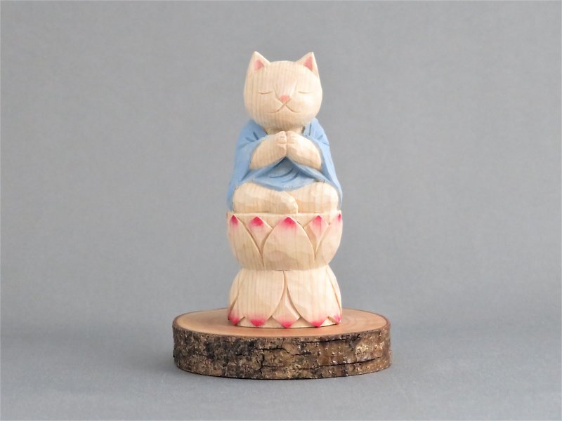 木彫りの合掌猫　袈裟を着た猫仏さま　仏像ねこ 011221 - 摆饰 - 木头 白色