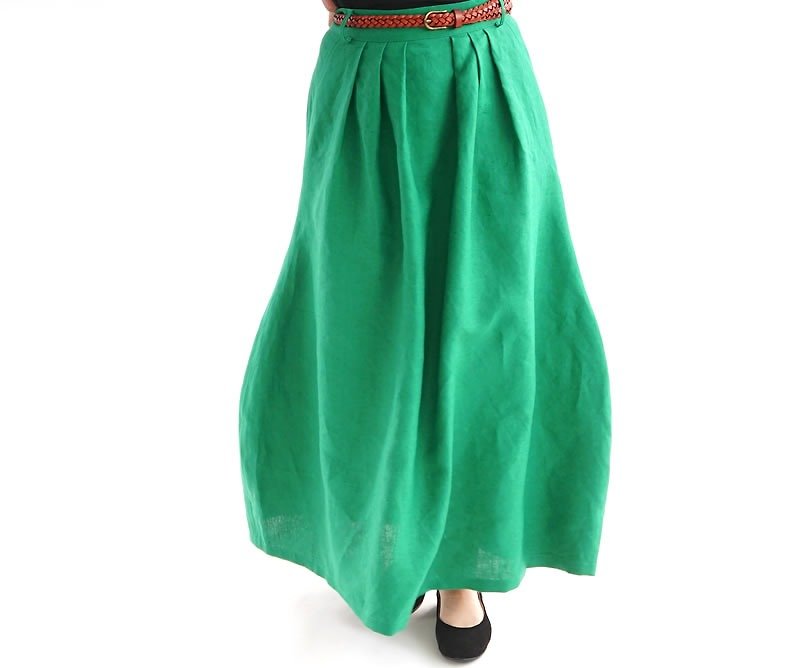 Linen Cocoon Long Skirt / Fjord Green sk1-9 - 裙子 - 棉．麻 绿色