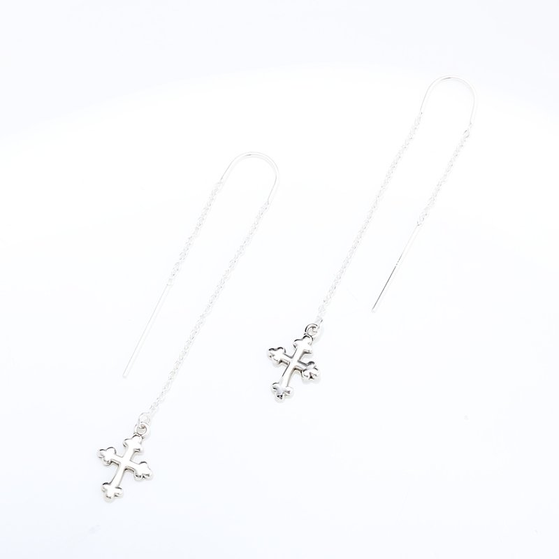 花蕾 十字架 Cross s925 纯银 耳链 耳环 耳夹 耶诞 生日 礼物 - 耳环/耳夹 - 纯银 银色