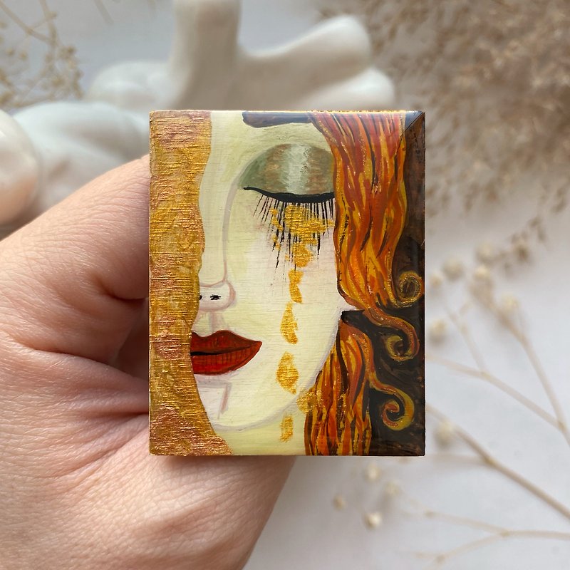 Wooden pin brooch in the style of Gustav Klimt Golden Tears, artist&#x27;s brooch,art