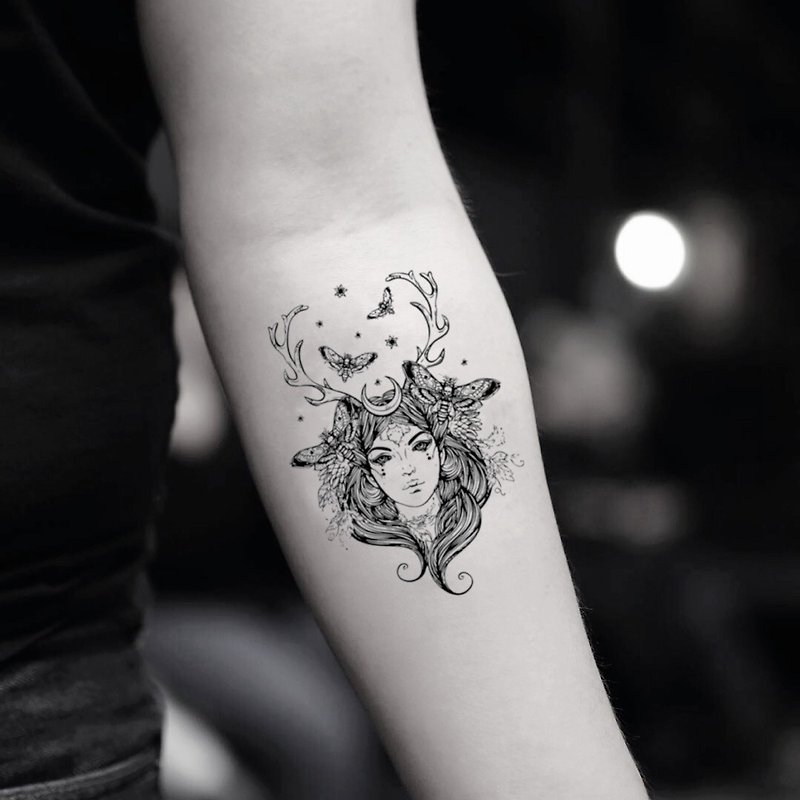 OhMyTat 手臂位置女巫女妖人头像刺青图案纹身贴纸 (2枚) - 纹身贴 - 纸 黑色