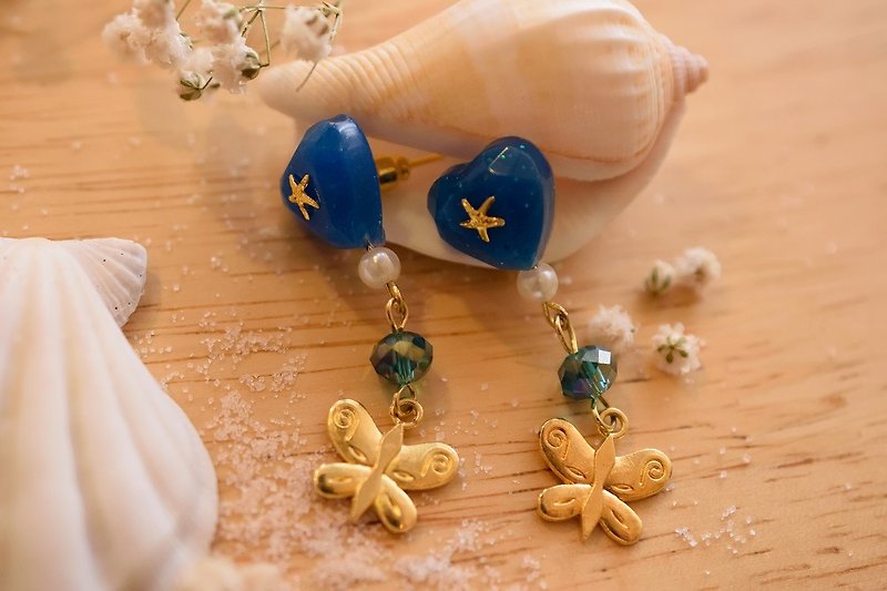 Cute & Beauty Blue Heart with Crystal Earrings Resin - 耳环/耳夹 - 其他材质 