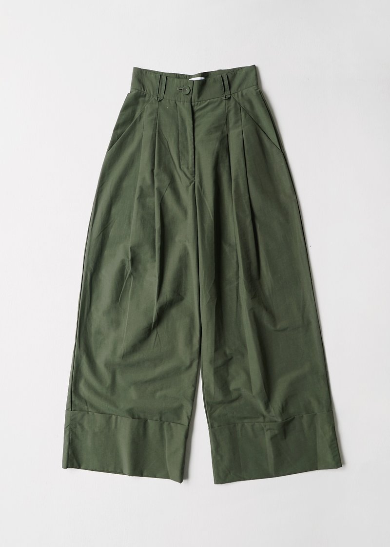 反折宽裤 / 绿 - 女装长裤 - 聚酯纤维 绿色