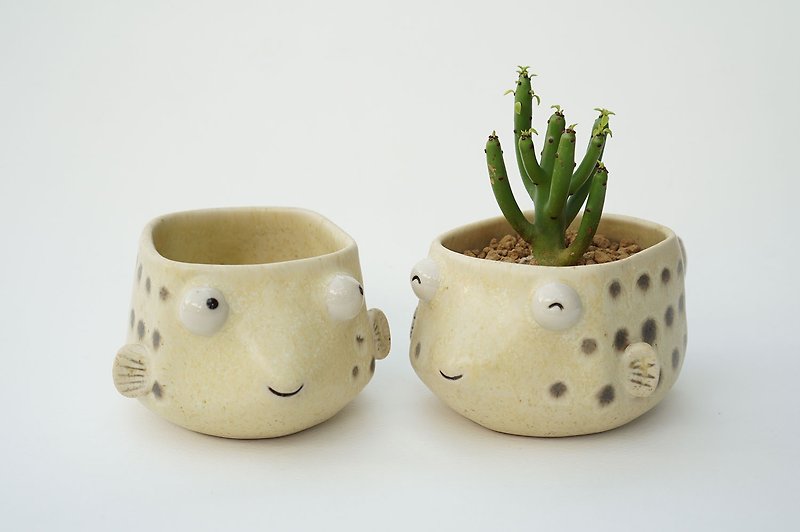Puffer pot , Puffer plant pot , Handmade ceramics , pottery - 植栽/盆栽 - 陶 黄色