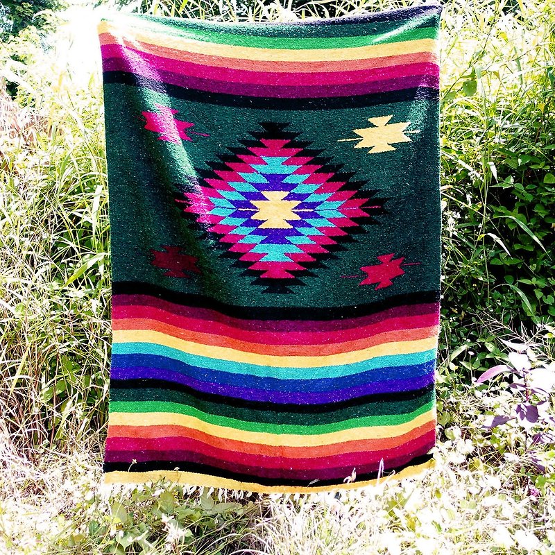 BajuTua/古着/墨西哥手工毯- 阿兹特克绿彩菱形纹 Mexican rug - 被子/毛毯 - 羊毛 绿色