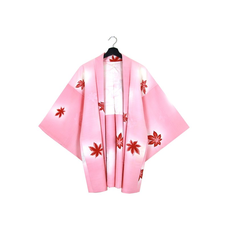 Back to Green::日本带回和服 羽织 娃娃粉色嫩枫叶 vintage kimono (KC-10) - 女装休闲/机能外套 - 丝．绢 粉红色