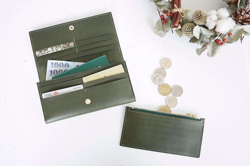 橄榄绿极简长夹12卡丨零钱袋可拆 定制打字丨女用钱包丨纪念礼物 - 皮夹/钱包 - 真皮 绿色