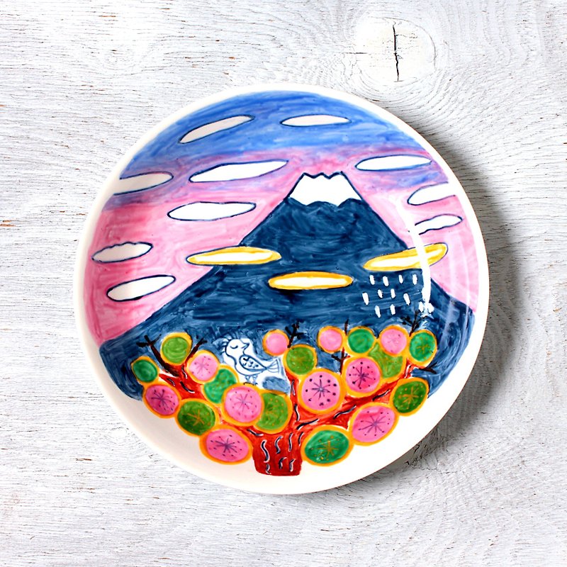 花咲く梅花と富士山・深皿 - 浅碟/小碟子 - 瓷 橘色