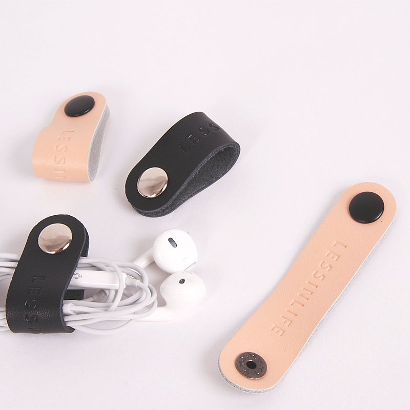简法手工皮革集线器 一套两个线材收纳带 - 卷线器/电线收纳 - 真皮 黑色