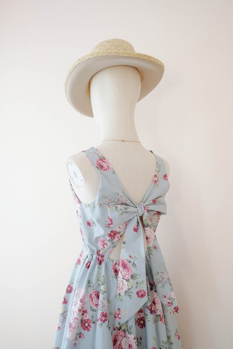 SALE  58% Blue dress sundress Floral party dress summer bow back dress - 洋装/连衣裙 - 棉．麻 蓝色