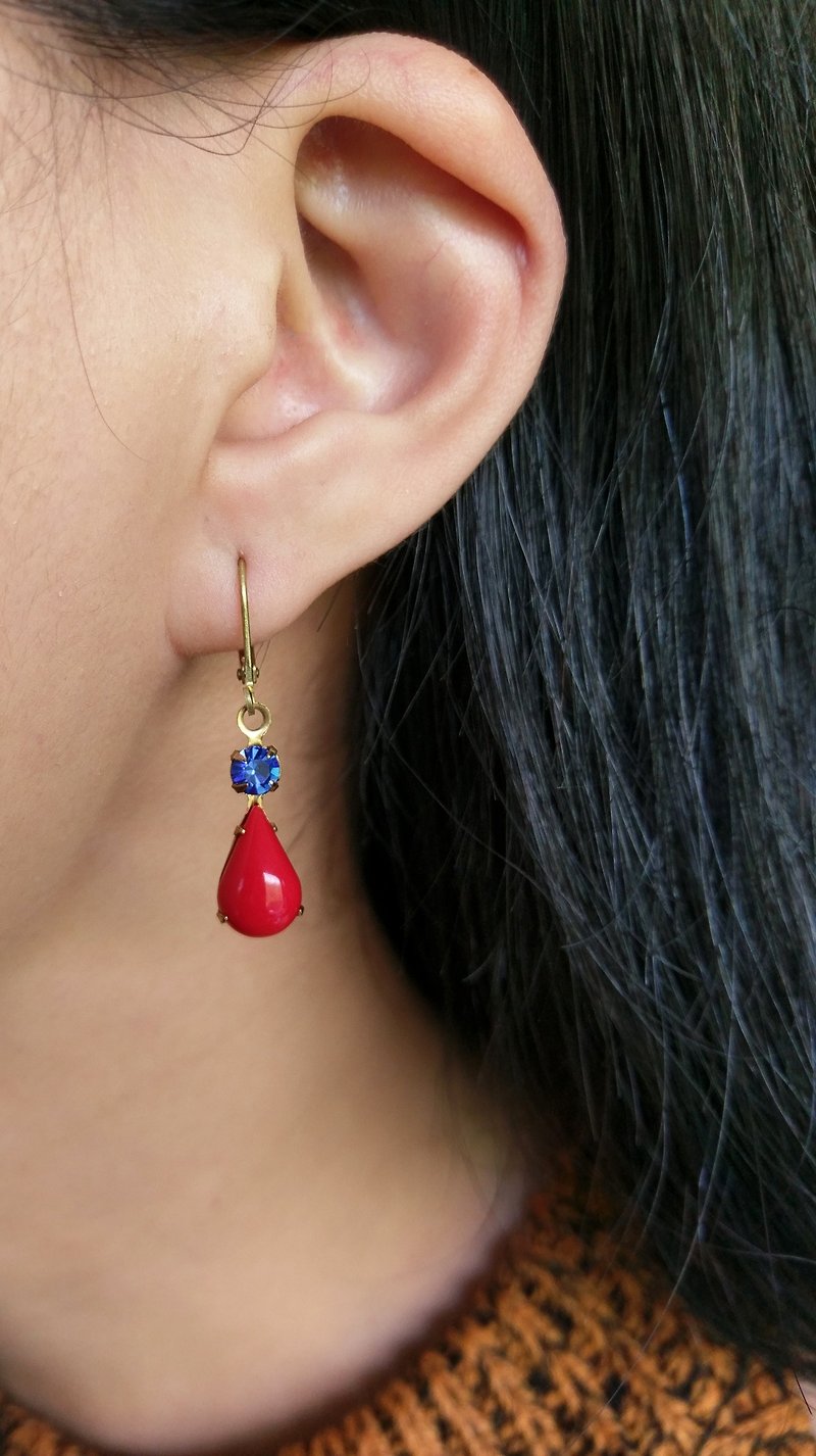 蓝红古董玻璃耳环 - 耳环/耳夹 - 其他金属 红色