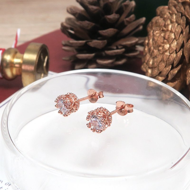 优雅翠冠耳环 方晶锆石款 925纯银针式耳环 玫瑰金色 - 耳环/耳夹 - 纯银 粉红色