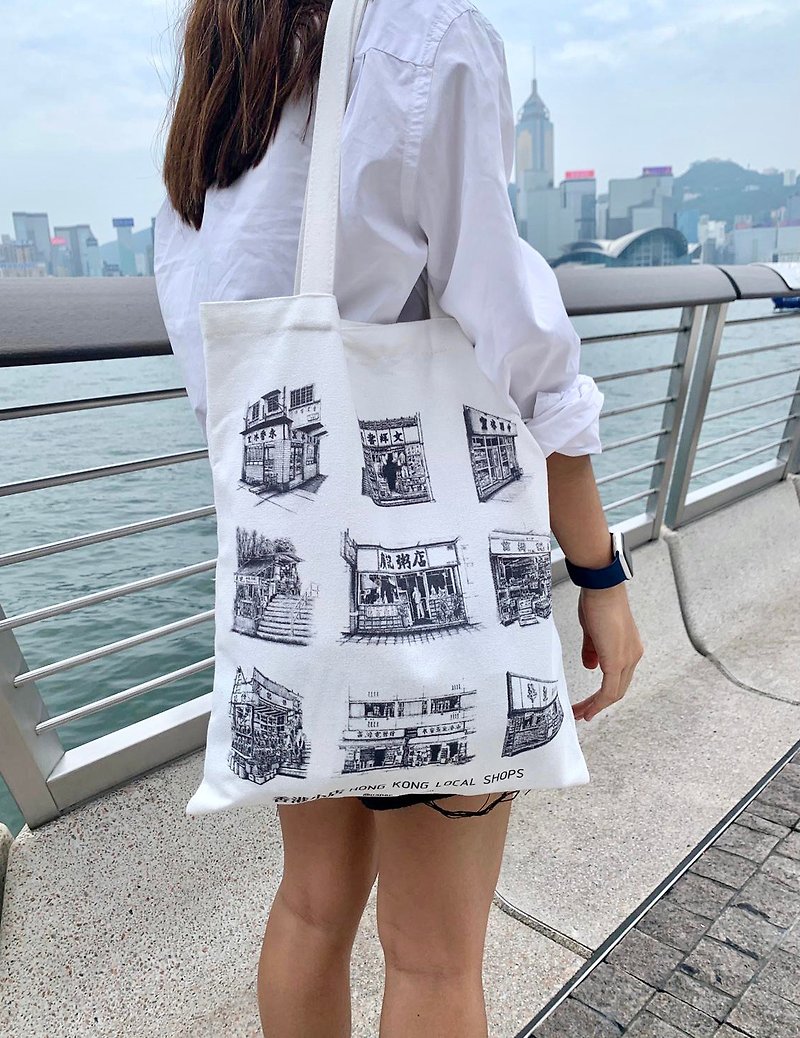 香港手绘小店帆布袋 - 手提包/手提袋 - 棉．麻 白色