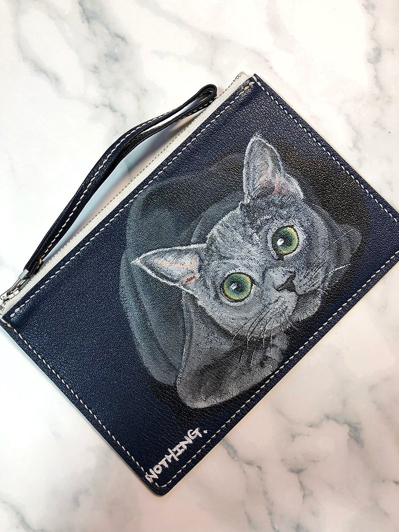 手绘图案 小灰猫真皮零钱包 | 手机包 | 小皮夹 | 手拿包 - 手拿包 - 真皮 蓝色