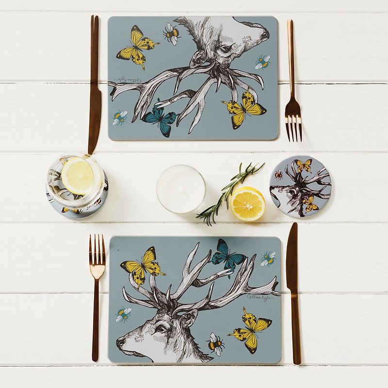英国Gillian Kyle苏格兰鹿角图腾木头餐垫/桌垫(一组两片入) - 餐垫/桌巾 - 木头 白色