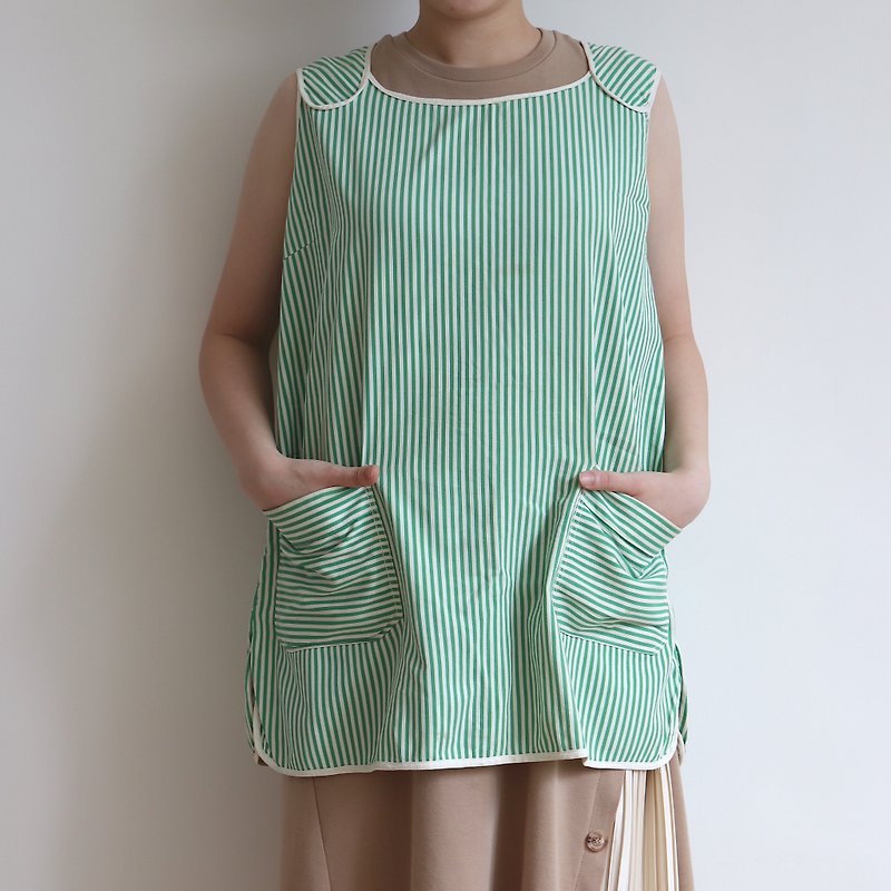 芬兰70年代绿条纹老式娃娃装工作围裙 - 围裙 - 棉．麻 绿色