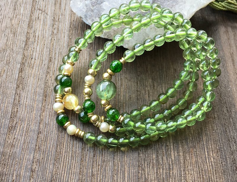 高净度绿磷灰石四圈手链-搭配铬透辉石、钛晶、珍珠 - 手链/手环 - 宝石 绿色