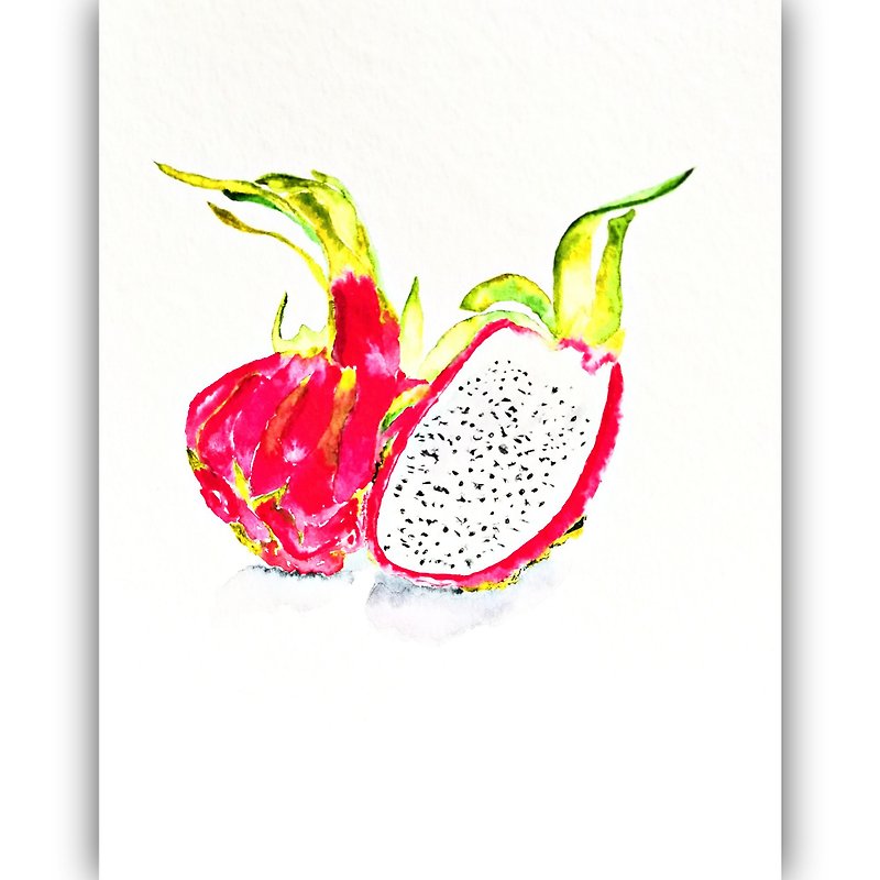Watercolor Original Dragon Fruit Painting Food Illustration Room Decor Art - 海报/装饰画/版画 - 纸 多色