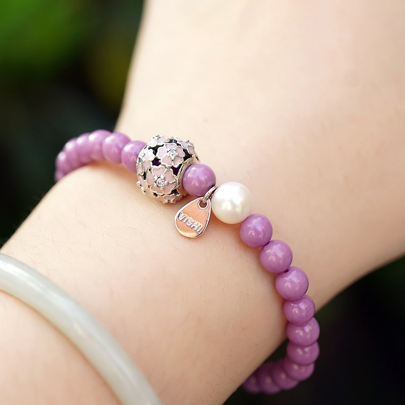 樱花紫云母手链 未时VISHI原创美国石s925纯银珐琅花球珍珠串气质 - 手链/手环 - 其他材质 