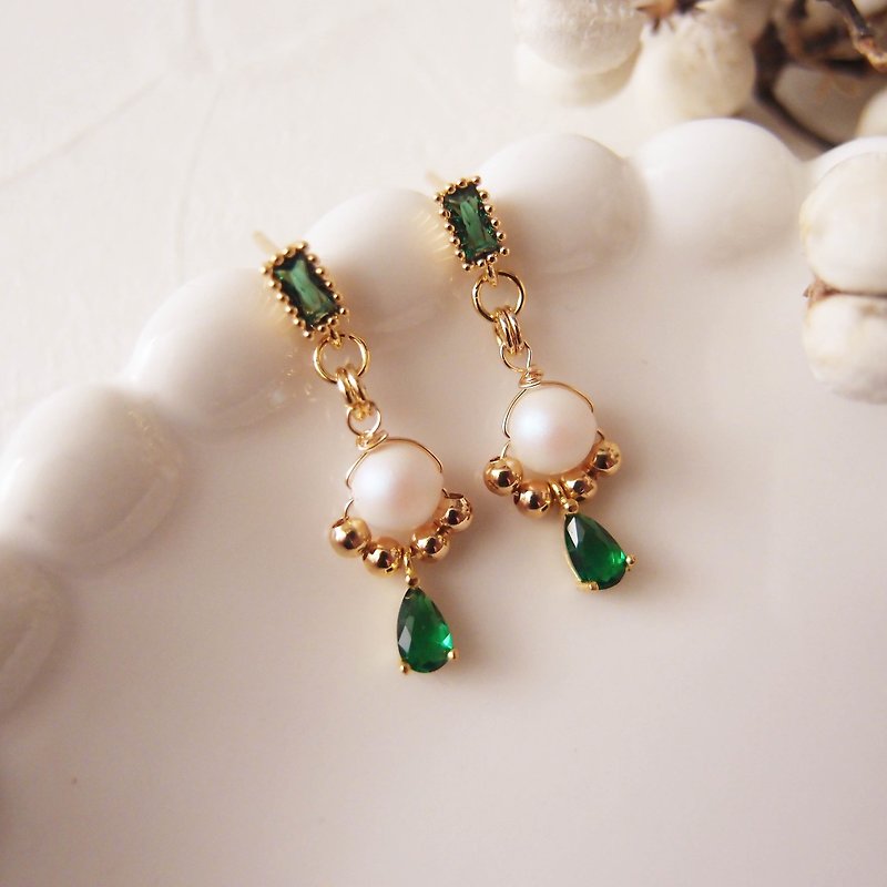 绿 x 轻奢华。珍珠 - 夹式耳环 针式耳环 不锈钢耳环 - 耳环/耳夹 - 珍珠 绿色
