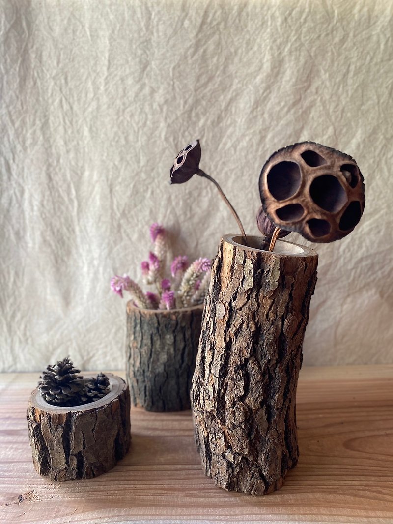 shrinkpot系列树皮长木花器 - 花瓶/陶器 - 木头 