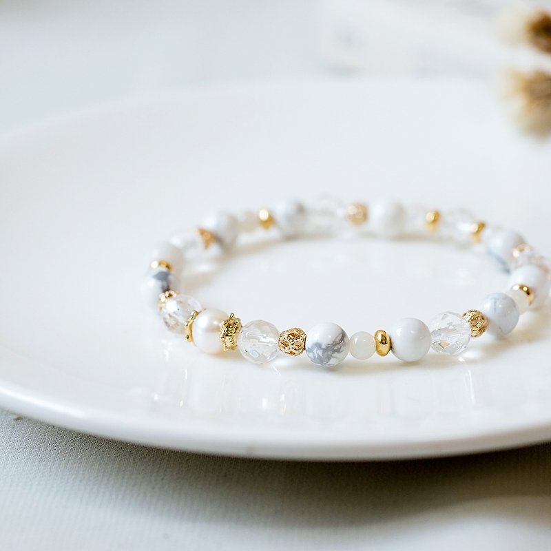 白纹石白水晶珍珠手链 婚礼系列 白色婚纱 - 手链/手环 - 半宝石 白色