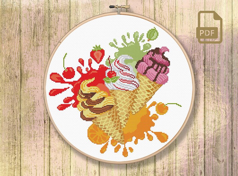 Ice Cream Cross Stitch Pattern #kt06 - 编织/刺绣/羊毛毡/裁缝 - 其他材质 