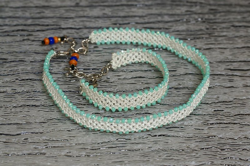 手鈎金属线短颈錬+手链套装  ( Hand crocheted set of crystal beads choker + beads bracelet ) - 手链/手环 - 绣线 