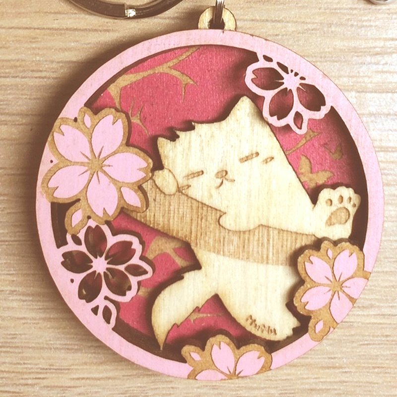 MuMuSweety-怪怪猫与樱共枕 / 钥匙圈 - 钥匙链/钥匙包 - 木头 粉红色