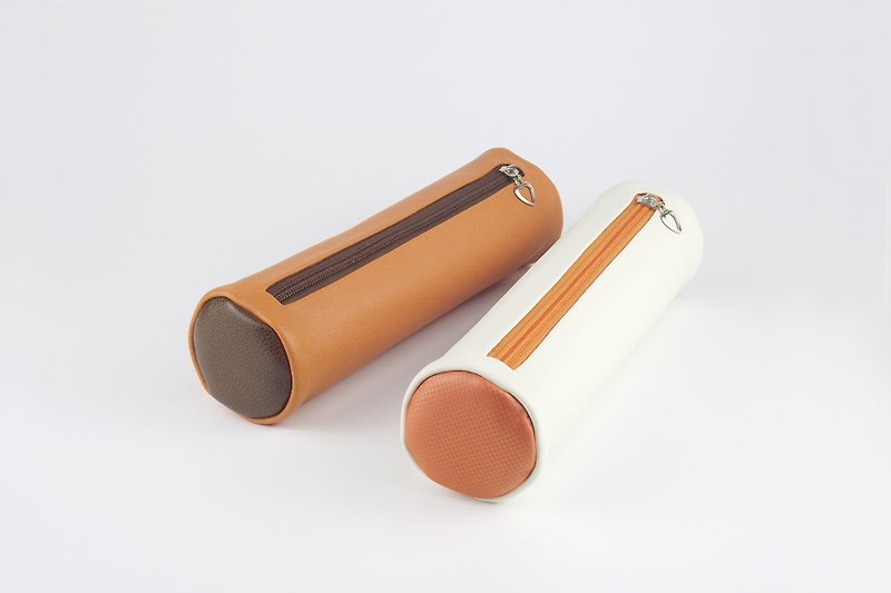 拼色文艺圆筒笔袋 旅行收纳包 大容量皮革文具袋 橙色/棕色/米白 - 铅笔盒/笔袋 - 人造皮革 橘色