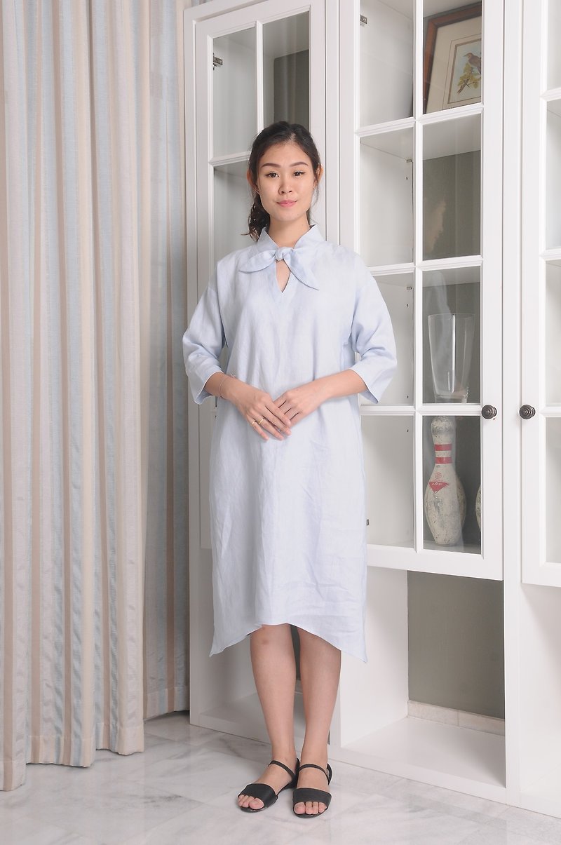 Linen Dress / Ribbon Neckline Linen Dress / Loose Fitted / 3/4 sleeved / EP-D659 - 洋装/连衣裙 - 亚麻 