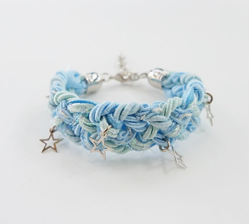 Blue/mint braided bracelet with silver stars - 手链/手环 - 其他材质 蓝色