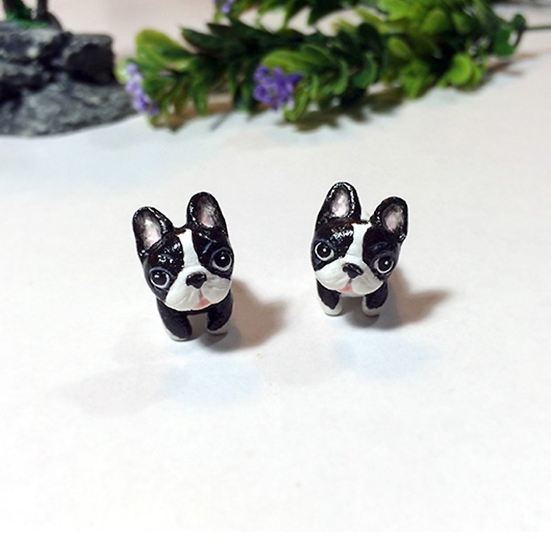 Tuxedo French Bulldog Earrings, Gauge & Plug Earrings, Two Piece Earrings - 耳环/耳夹 - 粘土 黑色