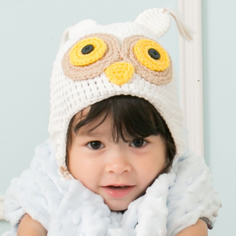 Cutie Bella手工编织帽Owl-Cream/Yellow Eyes - 婴儿帽/发带 - 棉．麻 白色