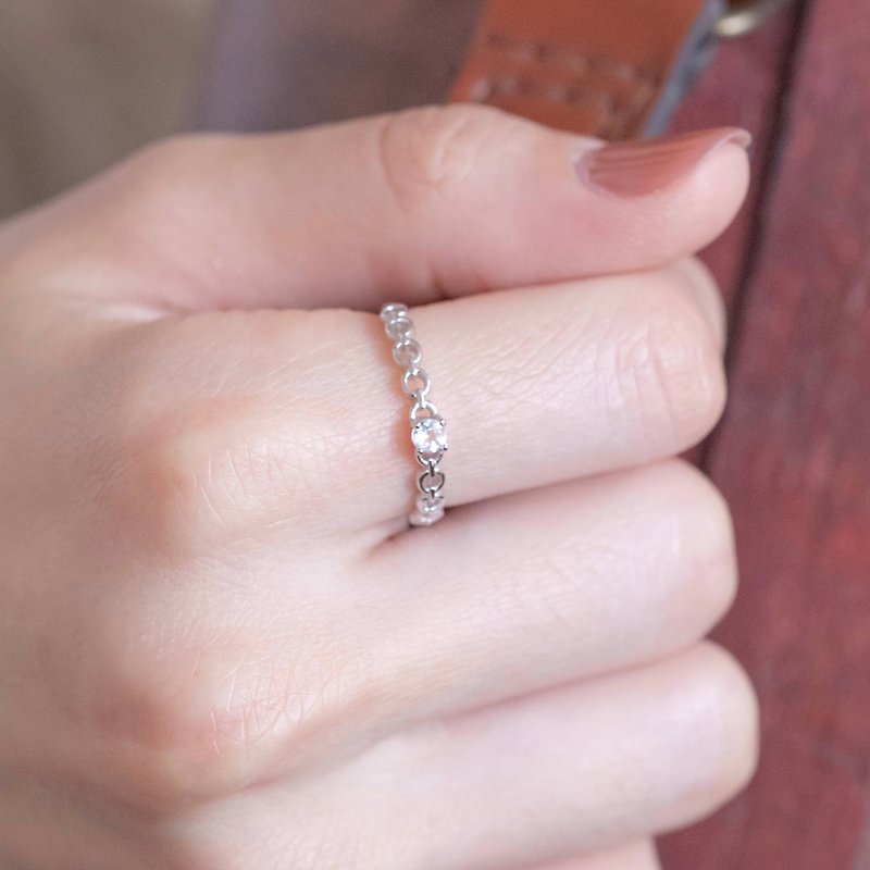 白水晶925纯银相链相恋细链条戒指 可调式戒指 - 戒指 - 宝石 银色