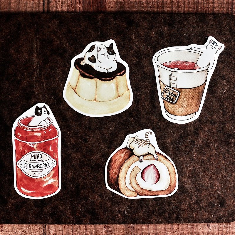猫咪好食防水贴纸/草莓果酱/布丁/草莓蛋糕卷/红茶-Sticker - 贴纸 - 纸 多色