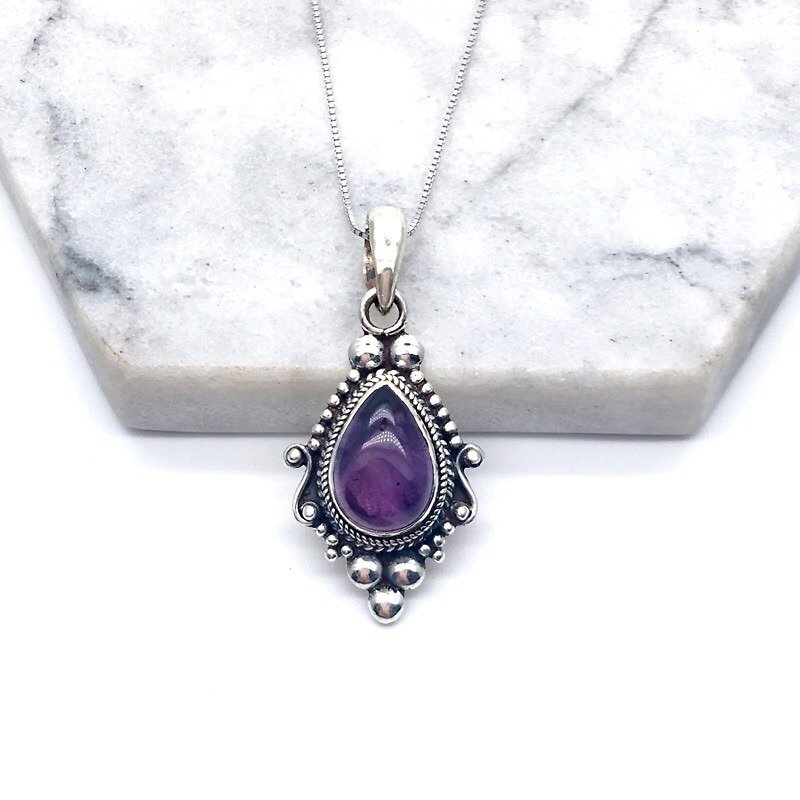 蛋面紫水晶925纯银巴洛克风格项链 尼泊尔手工镶嵌制作 - 项链 - 宝石 紫色