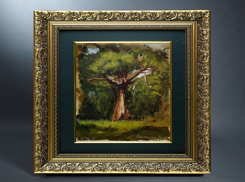 Oak Tree Painting Landscape Original Art Forest Artwork Oil Painting 7 by 8 - 墙贴/壁贴 - 其他材质 绿色