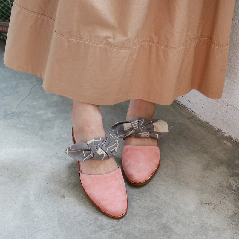 异素材蝴蝶结穆勒鞋/浅粉/手工订制/S2-18609L - 拖鞋 - 真皮 粉红色