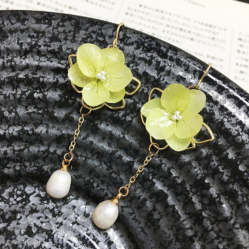 永生花天然珍珠耳环 - 耳环/耳夹 - 植物．花 绿色