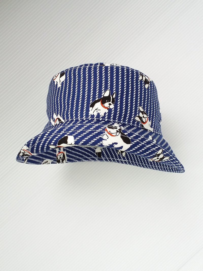 蓝色条纹法斗犬婴幼儿渔夫帽 - 婴儿帽/发带 - 棉．麻 蓝色